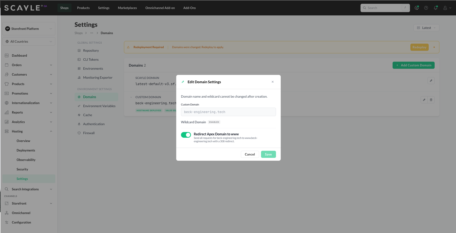 Edit Domain Settings dialog for a custom domain with the Redirect Apex Domain to www toggle switched on.